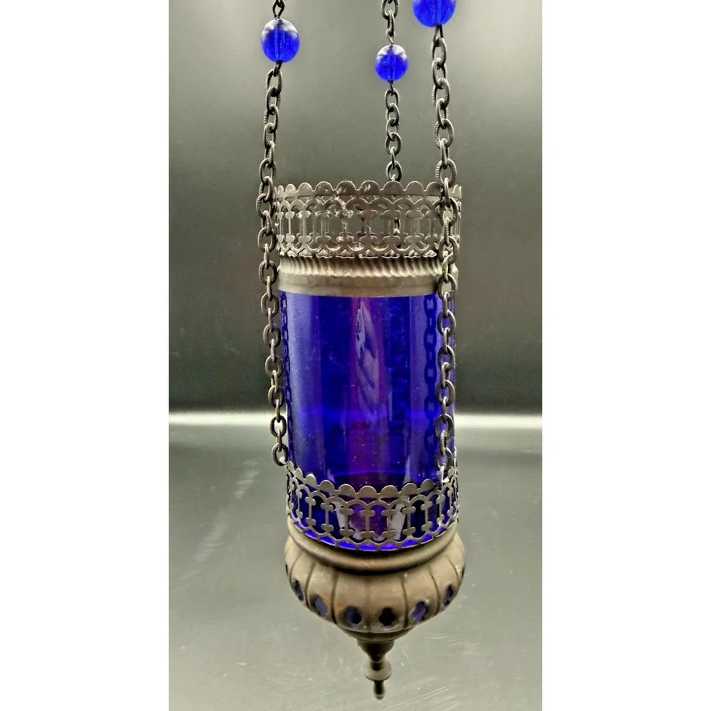 Hanging Metal Orthodox Sanctuary Vigil Lamp Candle Holder Cobalt Blue Ornate